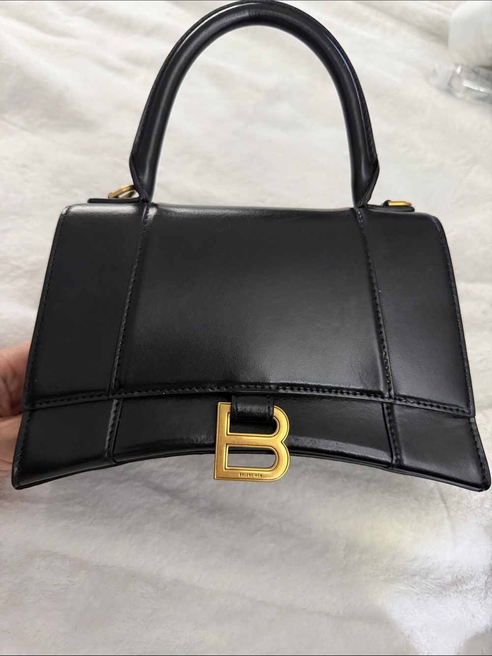 Balenciaga Black Leather Hourglass Top Handle Bag with Gold 'B' Hardware